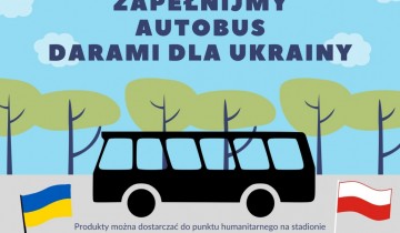 grafika przedstawiająca autobus, krajobraz leśny, flagi Ukrainy oraz Polski - powiększ